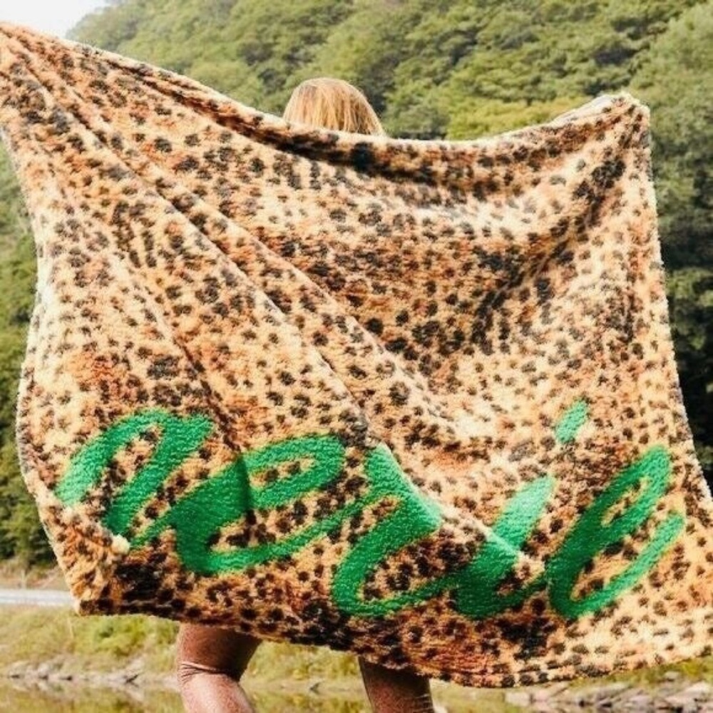 Aerie Green and Leopard Sherpa Blanket